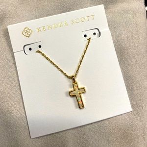Kendra Scott Cross Gold Pendant Necklace in White Kyocera Opal
